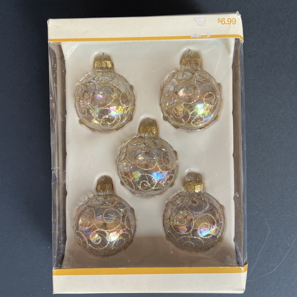 VTG Garden Ridge Glass Ball Gold Glitter Iridescent Stenciled Ornaments Set 5
